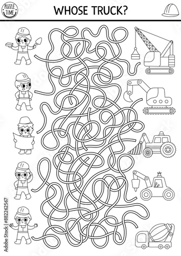 Construction site black and white maze for kids with workers and trucks. Building works printable activity, labyrinth game, puzzle or coloring page with excavator, tractor, concrete mixer