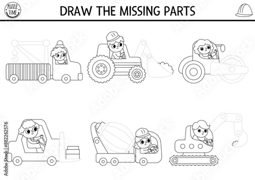 Construction site black and white drawing, writing, tracing activity for kids with cars, trucks and missing spare parts. Building works printable activity. Repair service game, puzzle, coloring page