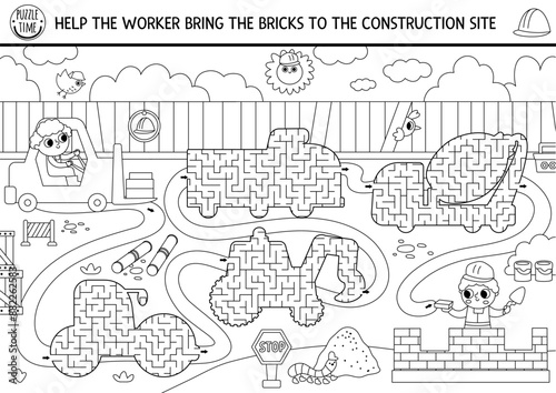 Construction site black and white geometrical mazes for kids with industrial landscape, labyrinths shaped as trucks. Building works printable activity. Repair service game, coloring page