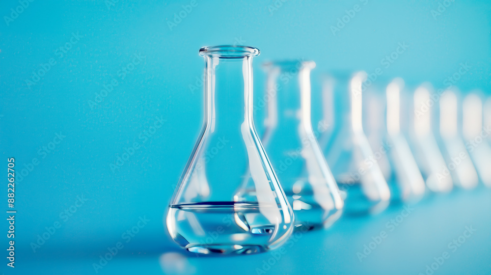 Row of clear glass laboratory flasks on a blue background, symbolizing scientific research and experimentation. High Quality Row of clear glass laboratory flasks on a blue background, symbolizing scientific research and experimentation. High Quality