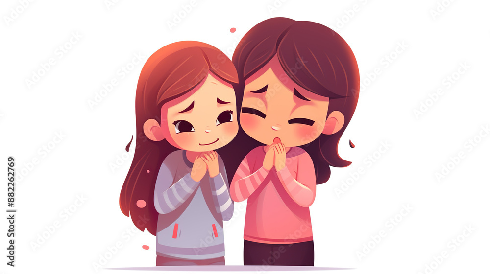 Girl sitting alone on a white background, comforting her friend who is crying Girl sitting alone on a white background, comforting her friend who is crying