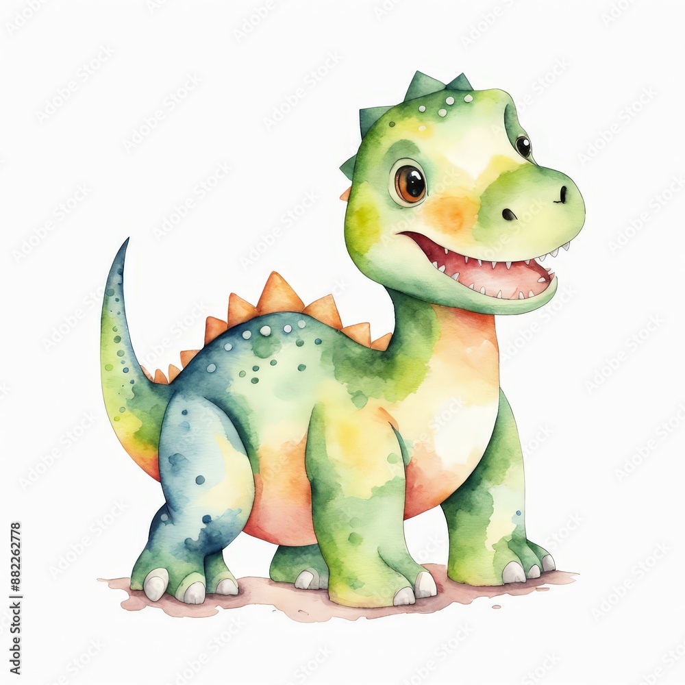 Fototapeta premium Cute Green Dinosaur Cartoon Watercolor Illustration.