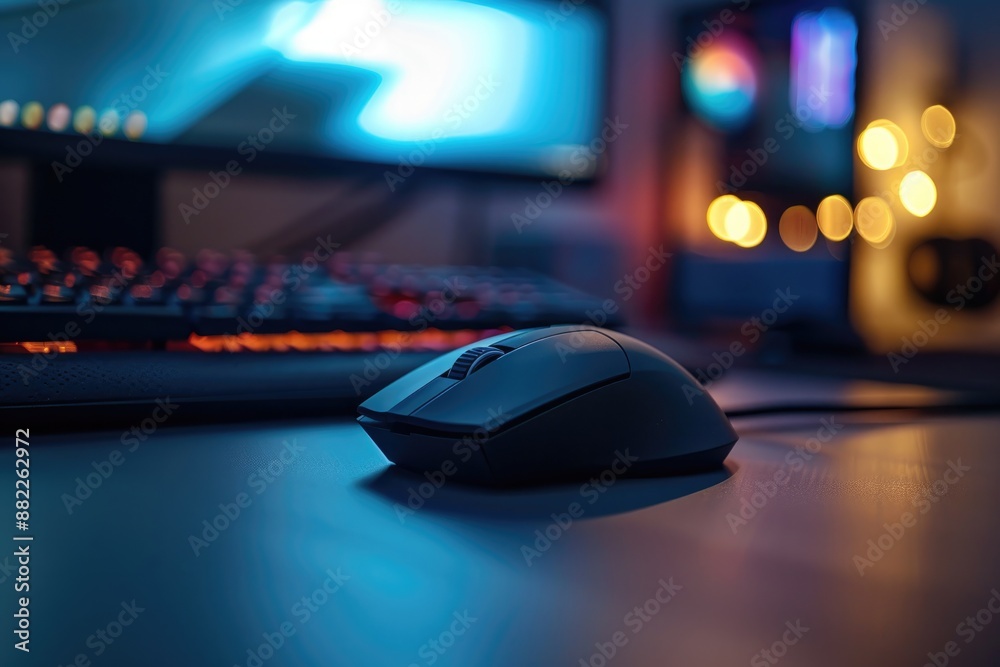 A sleek, modern computer mouse with a matte black finish, illuminated by subtle LED lights. A sleek, modern computer mouse with a matte black finish, illuminated by subtle LED lights.