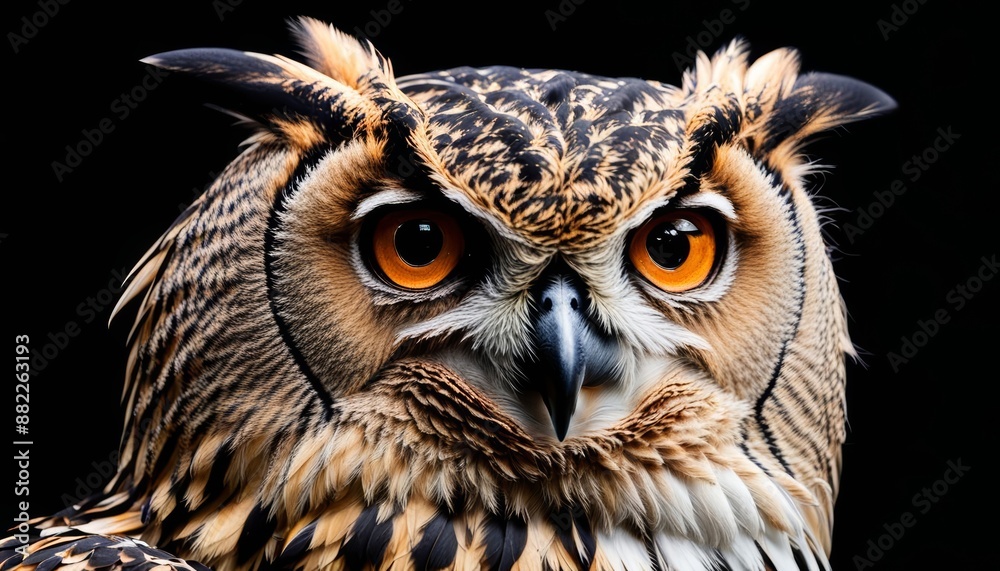 An owl with striking orange eyes stares directly at the camera. An owl with striking orange eyes stares directly at the camera.