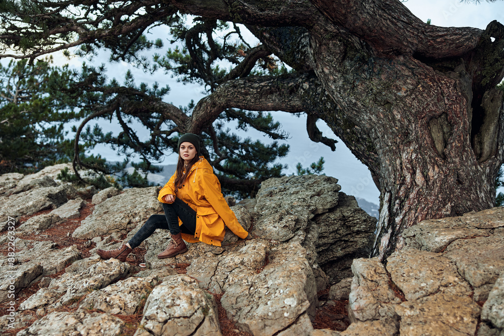 Woman in Yellow Coat Enjoying Serene Mountain View while Resting on Rock near Tree in Nature Beauty Woman in Yellow Coat Enjoying Serene Mountain View while Resting on Rock near Tree in Nature Beauty
