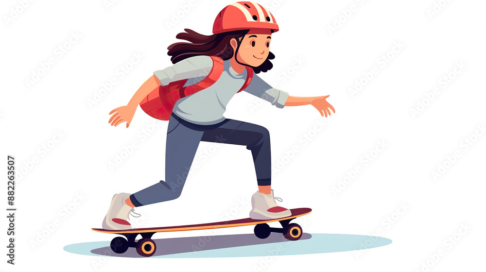 Obraz premium Girl skating on a skateboard while wearing safety goggles, isolated on a white background