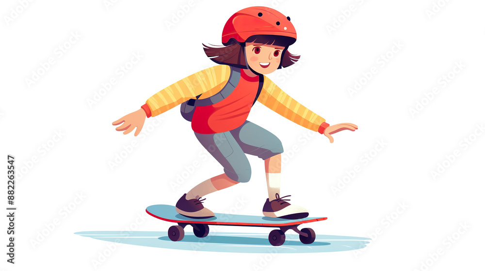 Obraz premium Girl skating on a skateboard while wearing safety goggles, isolated on a white background