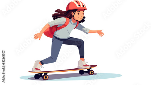Girl skating on a skateboard while wearing safety goggles, isolated on a white background