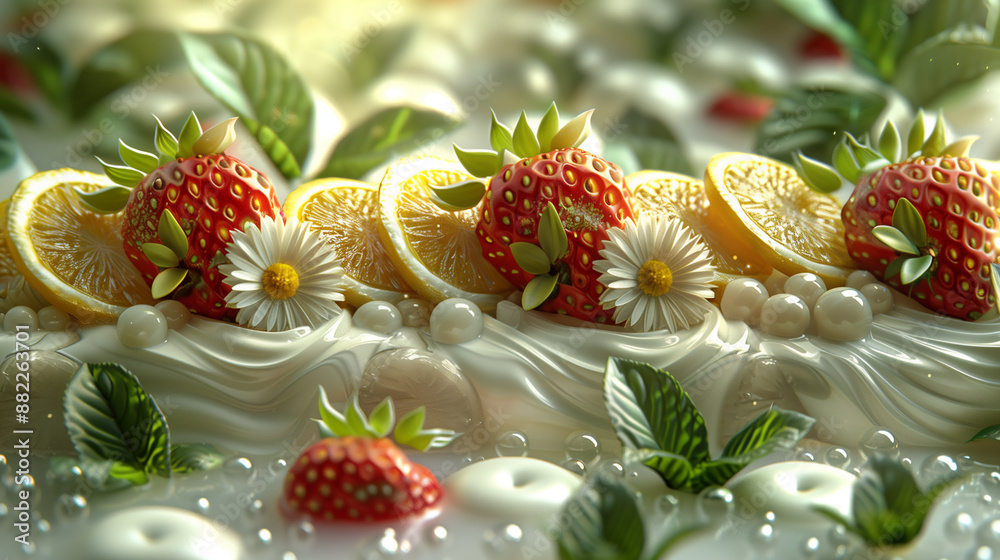 A close-up of orange and strawberry slices floating in milk with bubbles on the surface on a white background, rendered in a photorealistic, hyperrealistic style reminiscent of an octane rendering.