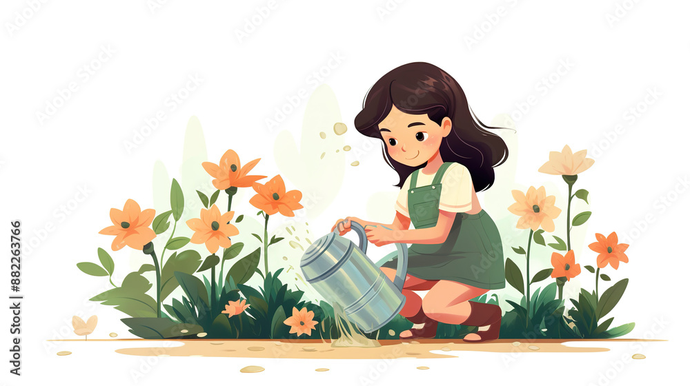 An isolated white background with a girl watering flowers An isolated white background with a girl watering flowers