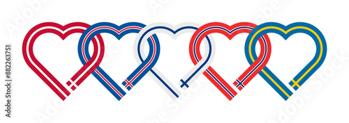 friendship concept. heart shaped ribbon icons of denmark, iceland, finland, norway and sweden flags. vector illustration isolated on white background