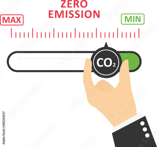 Man turning gauge arrow pointer to lowest level of CO2. New energy to energy and transportation. Zero emission. Modern vector illustration in flat style

