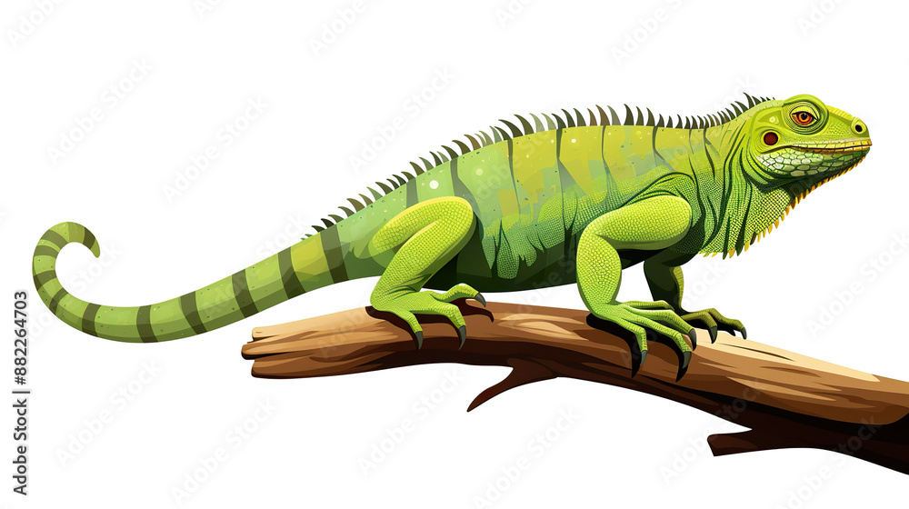Fototapeta premium Isolated green iguana on a branch against a white background