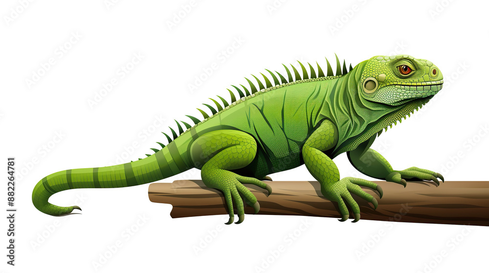 Obraz premium Isolated green iguana on a branch against a white background