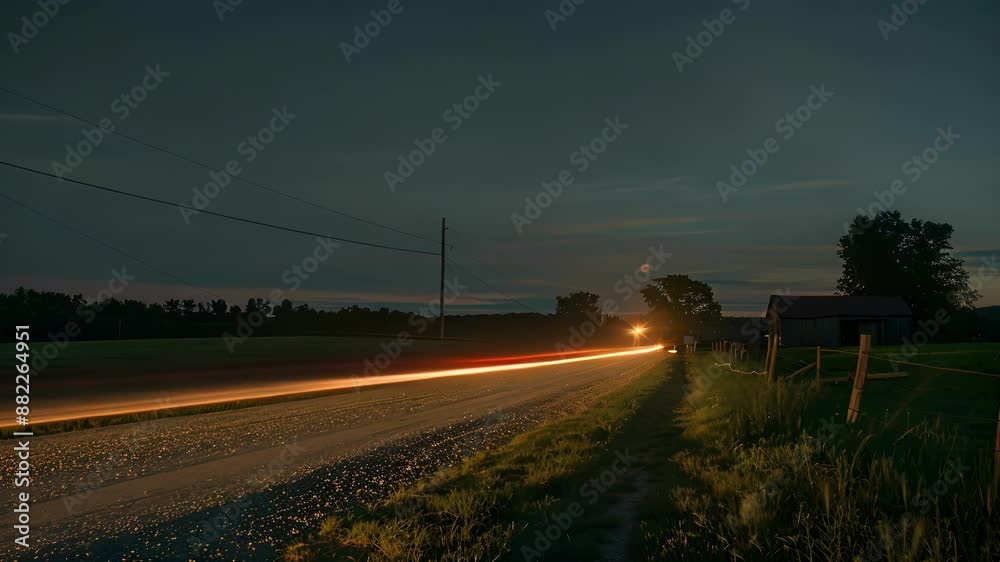 A peaceful summer evening at a charming historic farm with the only signs of activity being the sweeping car light trails that pass by in the distance. A peaceful summer evening at a charming historic farm with the only signs of activity being the sweeping car light trails that pass by in the distance.