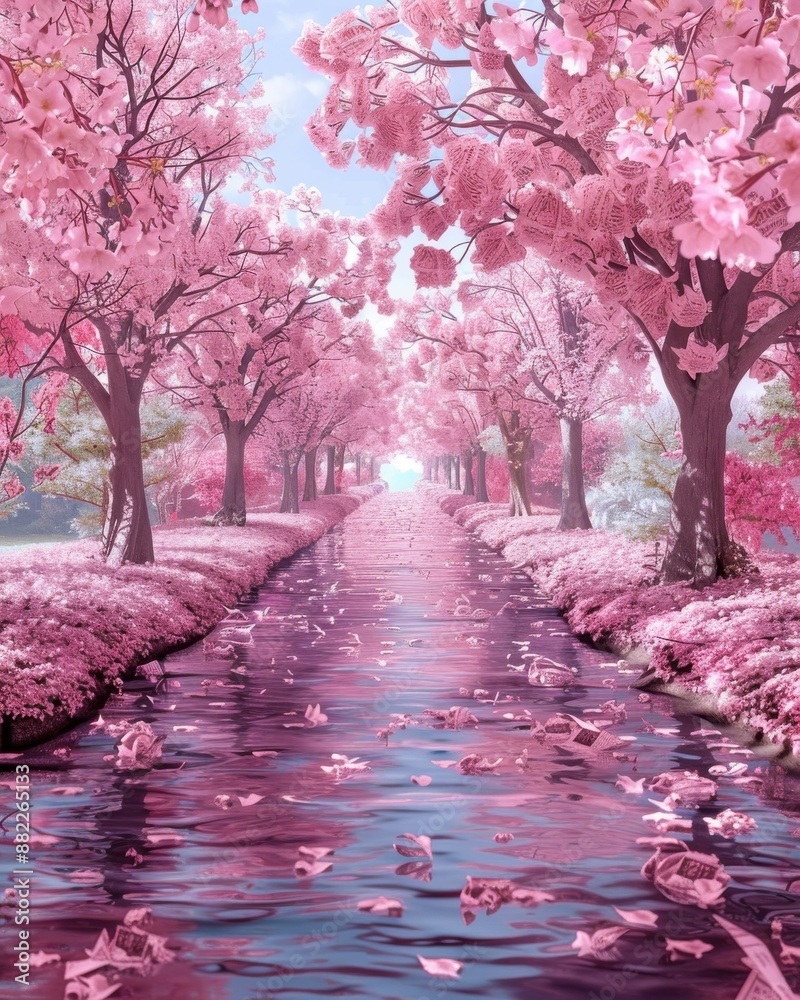 A riverbank lined with blooming ATM receipts in a tranquil park theme, front view, symbolizing financial growth, futuristic tone, Complementary Color Scheme A riverbank lined with blooming ATM receipts in a tranquil park theme, front view, symbolizing financial growth, futuristic tone, Complementary Color Scheme