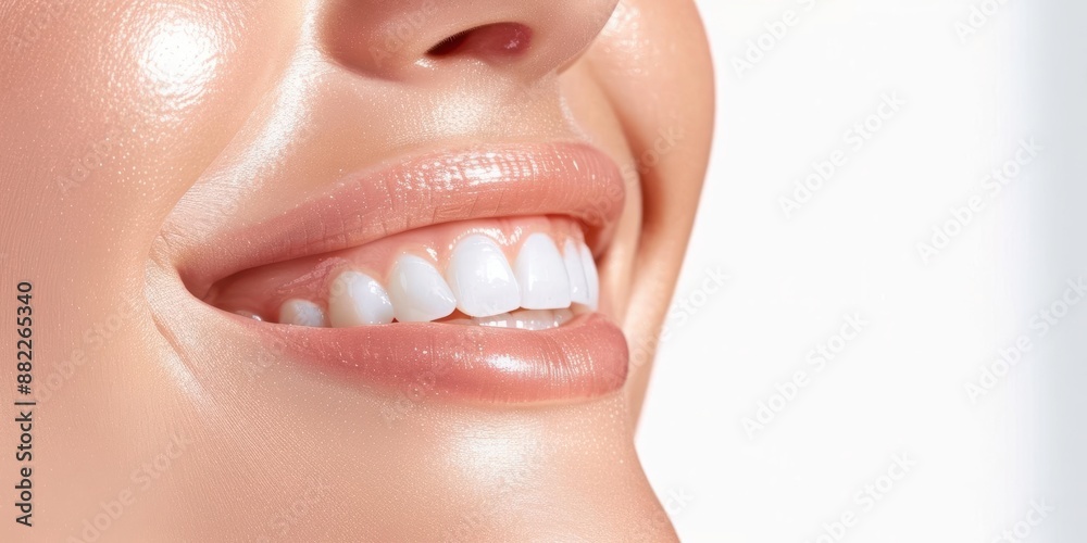 A close-up of a woman's smiling mouth showcasing perfect white teeth and glossy lips. Ideal for dental and cosmetic purposes. A close-up of a woman's smiling mouth showcasing perfect white teeth and glossy lips. Ideal for dental and cosmetic purposes.