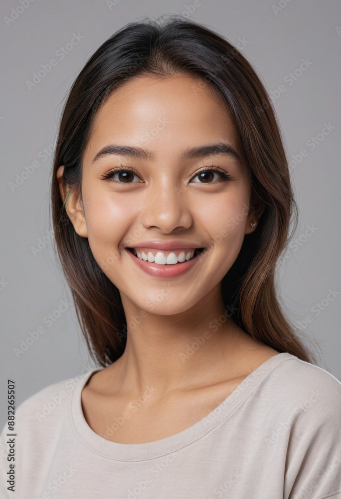 Portrait view of a regular happy smiling Brunei girl, ultra realistic, candid, social media, avatar image, plain solid background Portrait view of a regular happy smiling Brunei girl, ultra realistic, candid, social media, avatar image, plain solid background