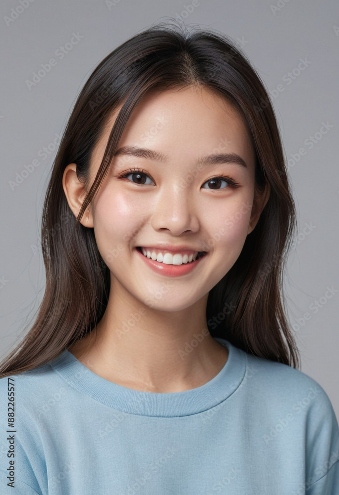 Portrait view of a regular happy smiling China girl, ultra realistic, candid, social media, avatar image, plain solid background Portrait view of a regular happy smiling China girl, ultra realistic, candid, social media, avatar image, plain solid background