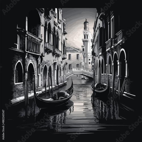 Flat sketch drawing of Venice canals and gondolas, minimalist style, monochrome, detailed line work, architectural elements, centered composition