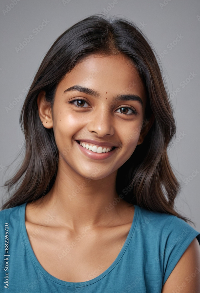 Portrait view of a regular happy smiling India girl, ultra realistic, candid, social media, avatar image, plain solid background Portrait view of a regular happy smiling India girl, ultra realistic, candid, social media, avatar image, plain solid background