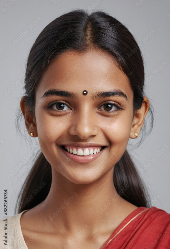Portrait view of a regular happy smiling India girl, ultra realistic, candid, social media, avatar image, plain solid background Portrait view of a regular happy smiling India girl, ultra realistic, candid, social media, avatar image, plain solid background