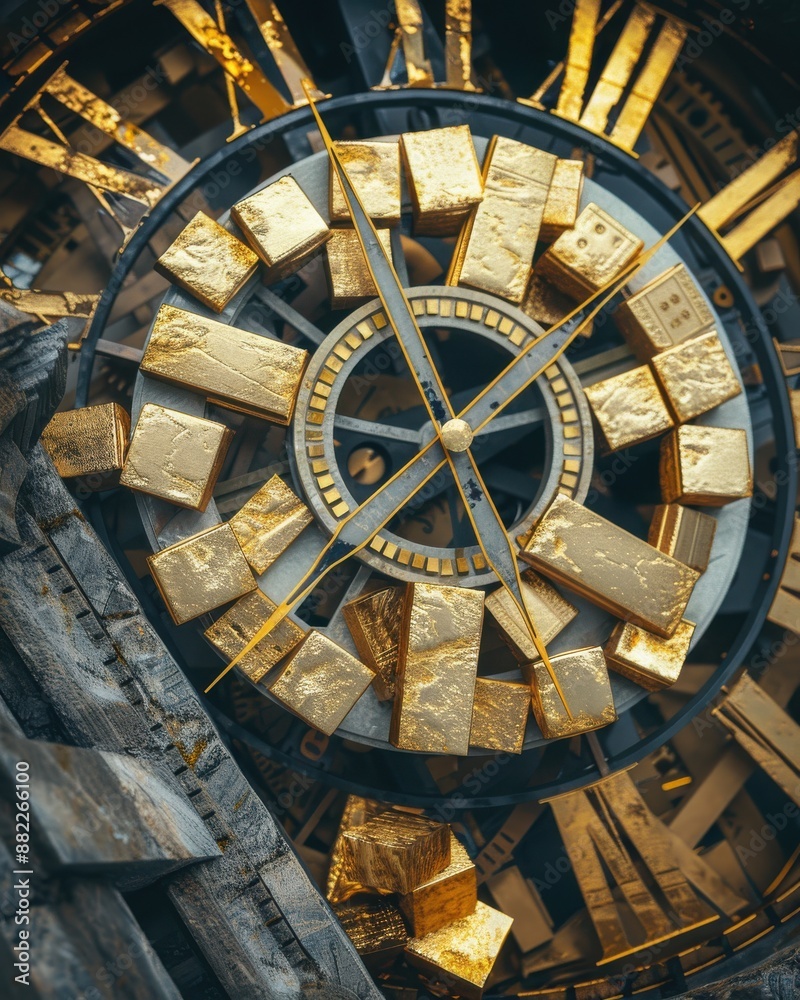 Fototapeta premium A clock tower striking with hands made from gold bars in a medieval village theme, front view, symbolizing timeless wealth, futuristic tone, Complementary Color Scheme