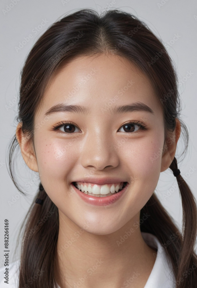 Portrait view of a regular happy smiling South Korea girl, ultra realistic, candid, social media, avatar image, plain solid background