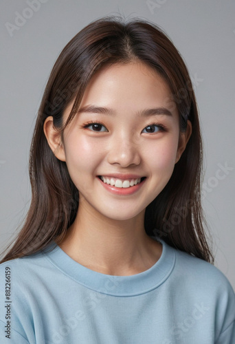 Portrait view of a regular happy smiling South Korea girl, ultra realistic, candid, social media, avatar image, plain solid background