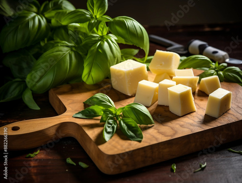 cheese and basil leaves