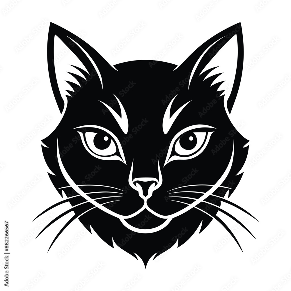 Fototapeta premium Vector Silhouette of Cat Face, Black & White Cat Head Illustration