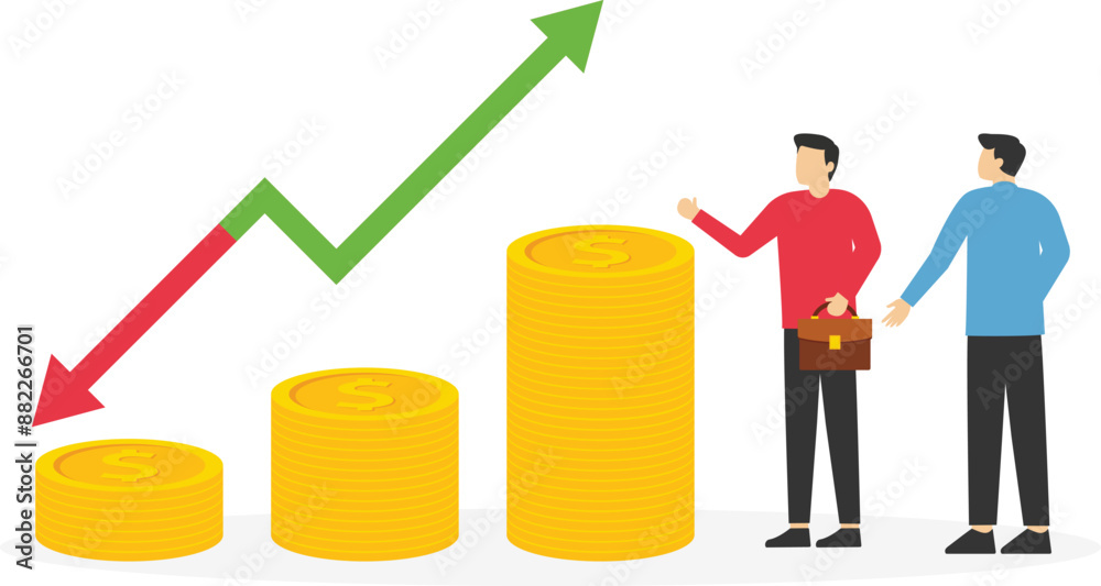 Partners standing near coin piles and arrow up and down. Risk, fluctuation in stock market. Analyze data, profit and Company growth. Vector illustration.
Partners standing near coin piles and arrow up and down. Risk, fluctuation in stock market. Analyze data, profit and Company growth. Vector illustration.