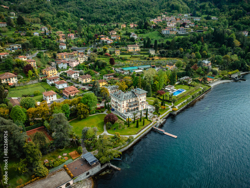 Aerial drone photo of the town of Belagio on Lago di Como, Italy in spring photo