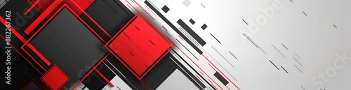 Abstract geometric composition with red and black squares and lines on white background