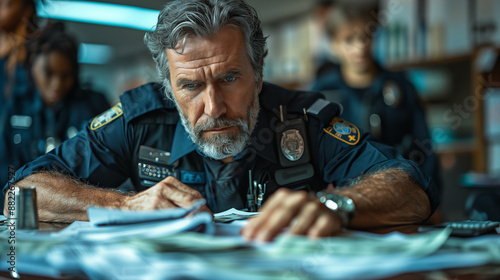 Senior police officer intently reviewing paperwork at desk in station, showcasing dedication and experience. Concept of law enforcement, investigation, and public service.