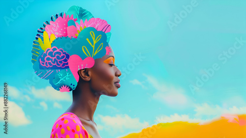 Black Woman's Portrait Showing Colorful Collage Concept of Brain, Positive Thoughts, Emotions and Mental Health Awareness, Inner Strength and Well-Being.