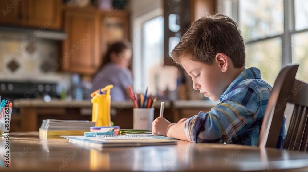 Young Boy Studying at Dining Table While Mother Cooks in Kitchen Young Boy Studying at Dining Table While Mother Cooks in Kitchen