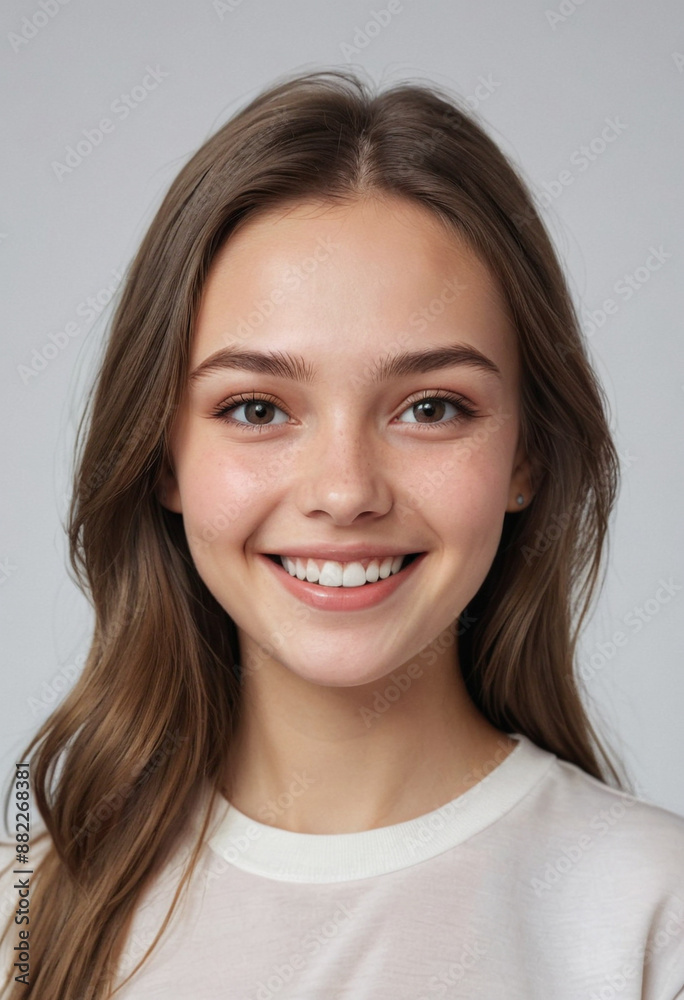 Portrait view of a regular happy smiling Russia girl, ultra realistic, candid, social media, avatar image, plain solid background Portrait view of a regular happy smiling Russia girl, ultra realistic, candid, social media, avatar image, plain solid background