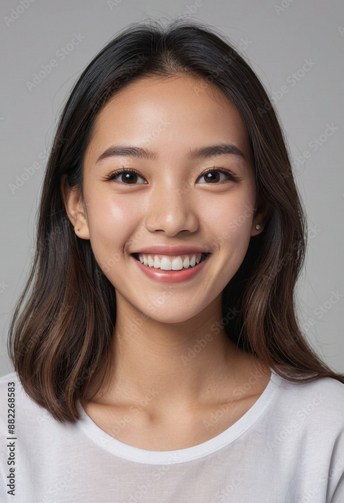 Portrait view of a regular happy smiling Singapore girl, ultra realistic, candid, social media, avatar image, plain solid background Portrait view of a regular happy smiling Singapore girl, ultra realistic, candid, social media, avatar image, plain solid background