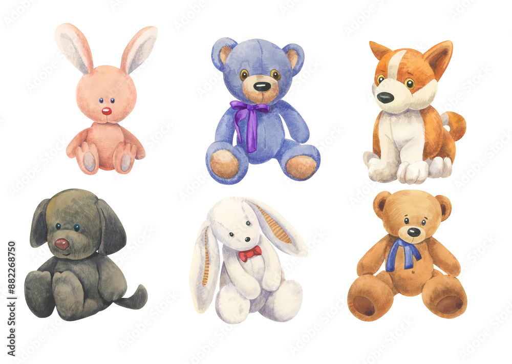 Naklejka premium Watercolor set of soft toys hares, dogs, bears