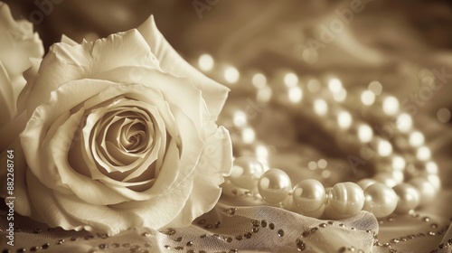 Pearls And Roses. Vintage White Rose Bouquet with Antique Pearls