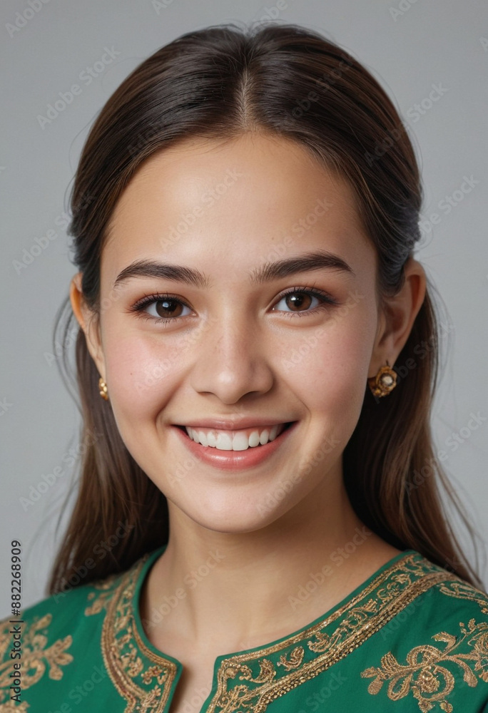 Portrait view of a regular happy smiling Turkmenistan girl, ultra realistic, candid, social media, avatar image, plain solid background Portrait view of a regular happy smiling Turkmenistan girl, ultra realistic, candid, social media, avatar image, plain solid background