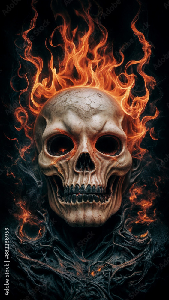 Infernal Skull Sentinel: Halloween's Fiery Harvest - Vertical Dark Fantasy Art Infernal Skull Sentinel: Halloween's Fiery Harvest - Vertical Dark Fantasy Art