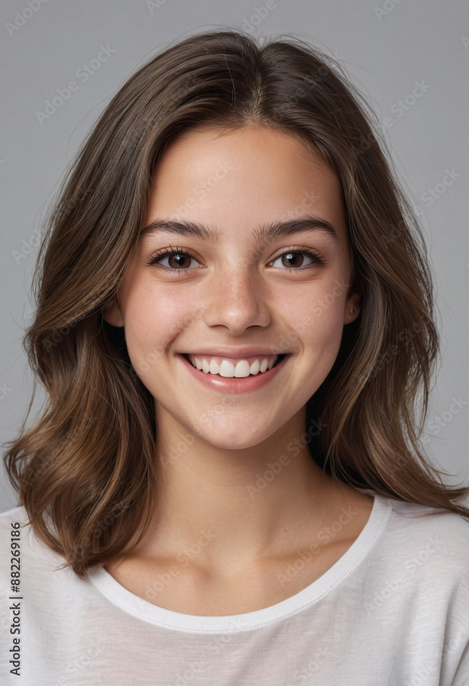 Portrait view of a regular happy smiling Andorra girl, ultra realistic, candid, social media, avatar image, plain solid background Portrait view of a regular happy smiling Andorra girl, ultra realistic, candid, social media, avatar image, plain solid background
