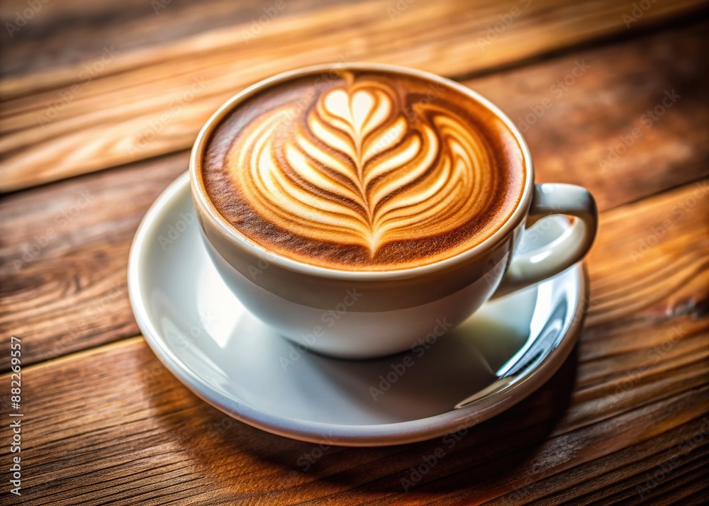 Richly textured cappuccino coffee with swirly latte art design, topped with velvety microfoam, glistening with subtle sheen, against a clean, minimalist wooden background. Richly textured cappuccino coffee with swirly latte art design, topped with velvety microfoam, glistening with subtle sheen, against a clean, minimalist wooden background.