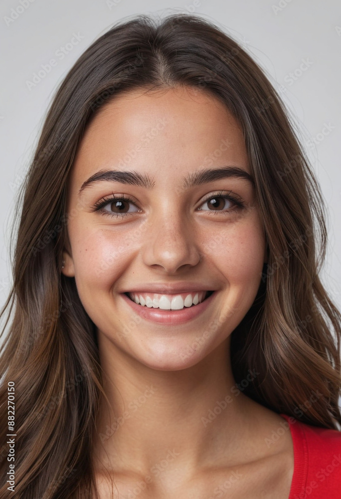 Portrait view of a regular happy smiling Malta girl, ultra realistic, candid, social media, avatar image, plain solid background