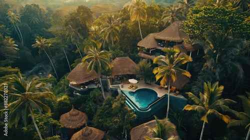 Fototapeta Naklejka Na Ścianę i Meble -  Breathtaking jungle resort with private pool and stunning sunset views