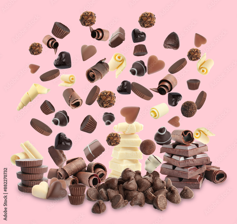 Sweet chocolate candies falling on pink background Sweet chocolate candies falling on pink background