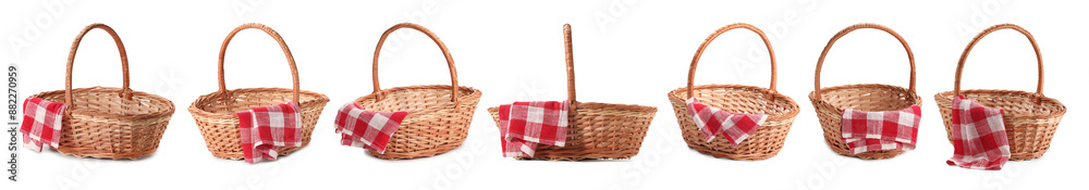 Wicker rattan basket for picnic isolated on white, collage Wicker rattan basket for picnic isolated on white, collage