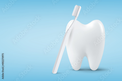 Dental Banner, Poster. Vector 3d Realistic Toothbrush with Tooth Icon Closeup on Blue Background. Medical Dentist Design Template. Dental Health Concept